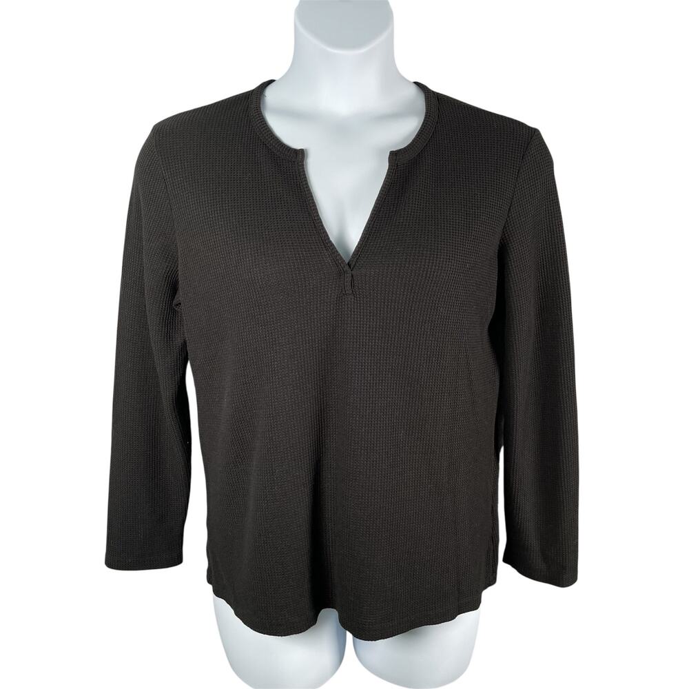 Famulily Thermal Top Womens XL Black Split Neck Waffle Knit Cotton Blend